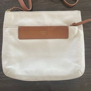 Fossil Crossbody Clutch Purse Handbag White Tan Leather